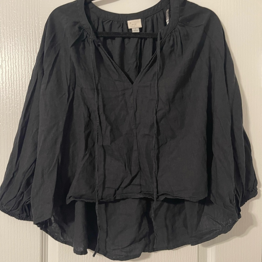 Black Linen Blend Tie V Neck High Low Blouse